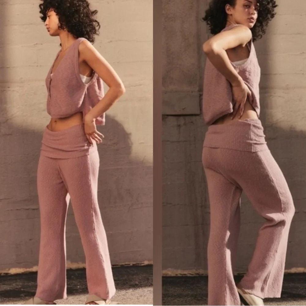 NEW FREE PEOPLE FP Beach Ruby Mauve Knit Sweater Foldover Joggers Pants Sweats